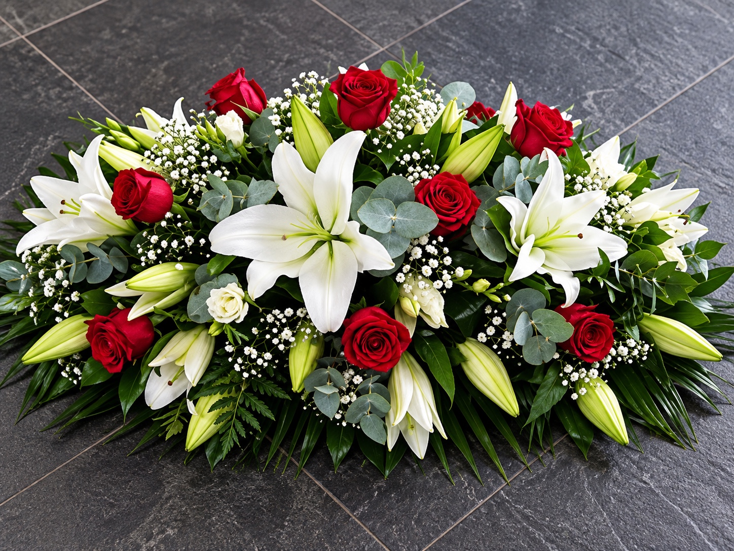 Red rose and white lily casket spray